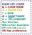 Text Box: ROOM KEY CODES& = CHOIR ROOM# = ROOM 124* = GYM@ = SANCTUARY$ =  FELLOWSHIP%= KitchenWA=when AvailableCR=137,138,112,111VB Has preference